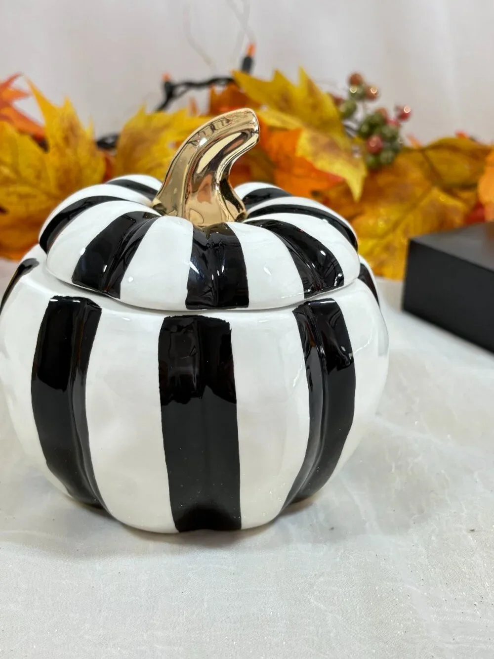 Black & White Ceramic Pumpkin Gold Stem  Mackenzie-Style Covered Sugar Bowl Jar